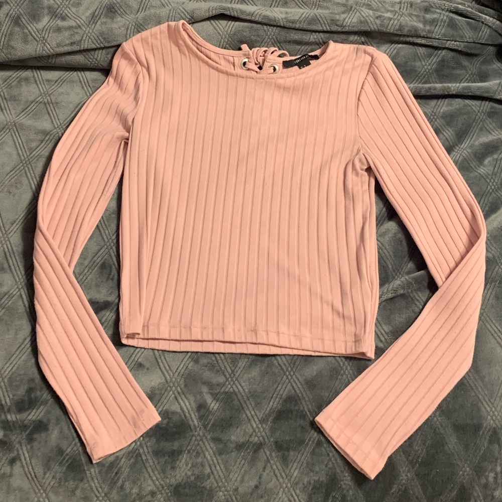 Pink lace up back crop top